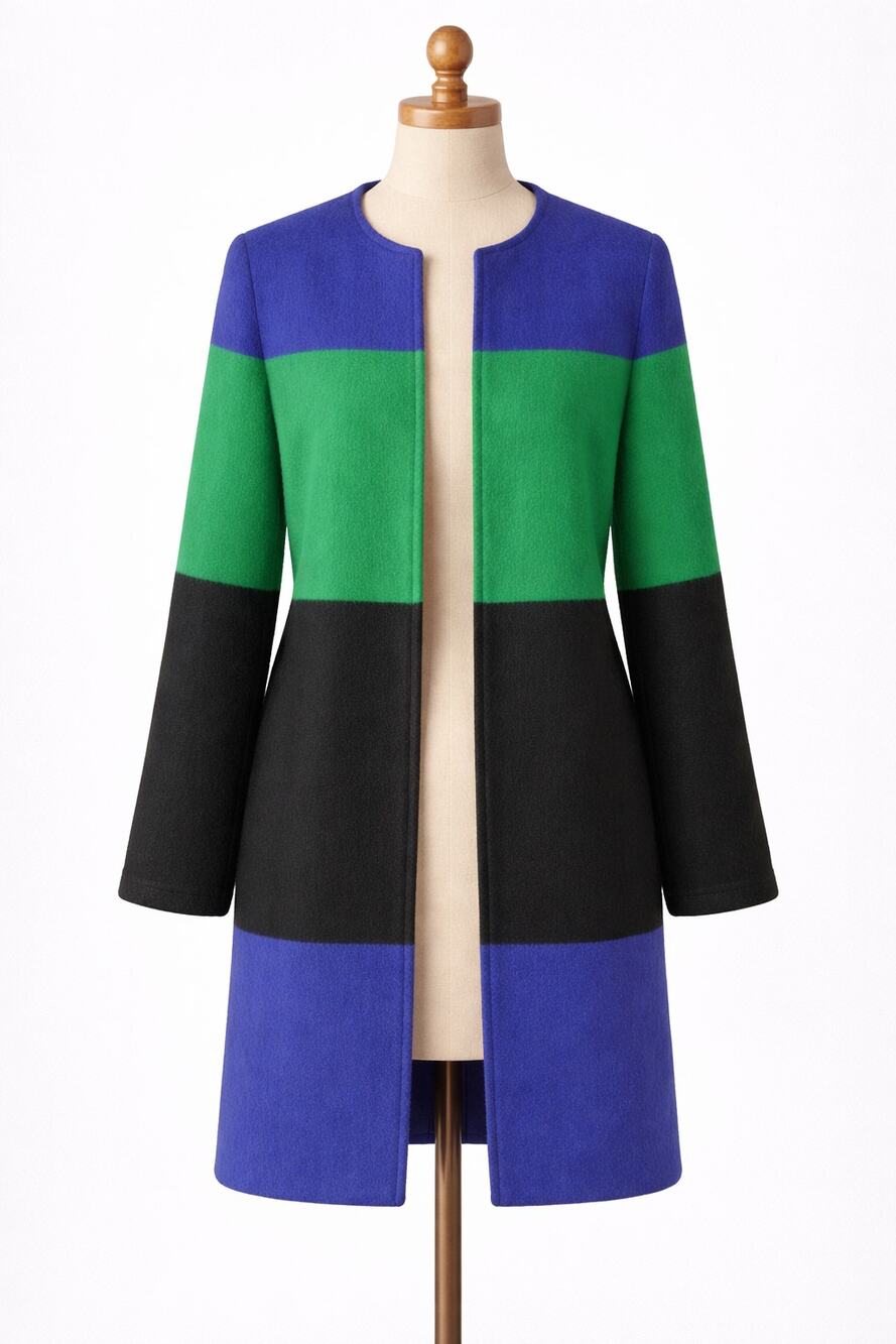 Max Studio | Long Wool Coat Green Purple Black Blocks of Color M